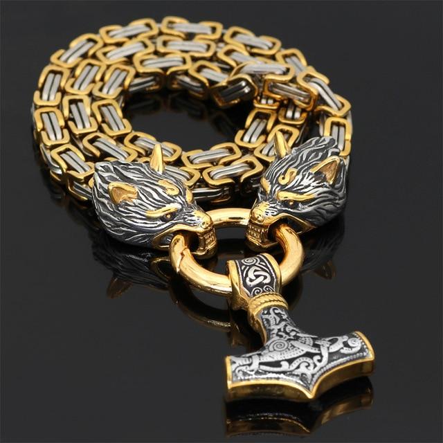 Roestvrij Stalen Schakelketting met Dubbele Wolfskop & Hamer Ornament 60-90cm Verstelbaar Unisex Sieraad | Sansoti