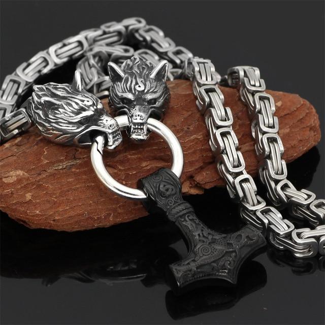 Roestvrij Stalen Schakelketting met Dubbele Wolfskop & Hamer Ornament 60-90cm Verstelbaar Unisex Sieraad | Sansoti