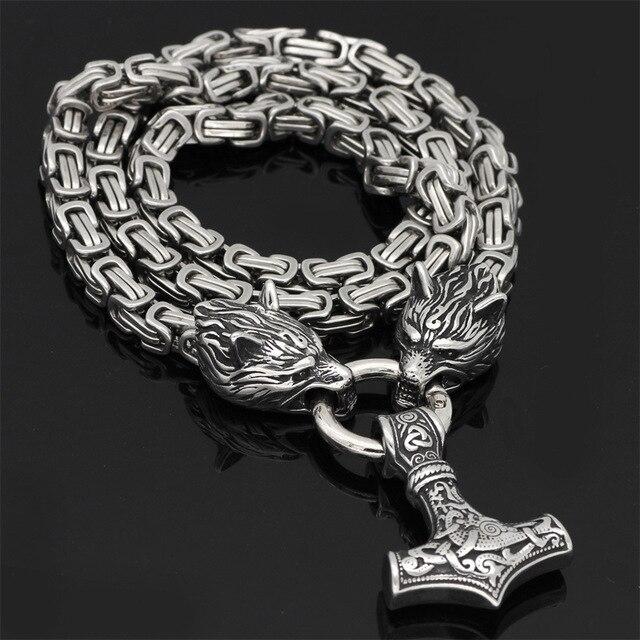 Roestvrij Stalen Schakelketting met Dubbele Wolfskop & Hamer Ornament 60-90cm Verstelbaar Unisex Sieraad | Sansoti