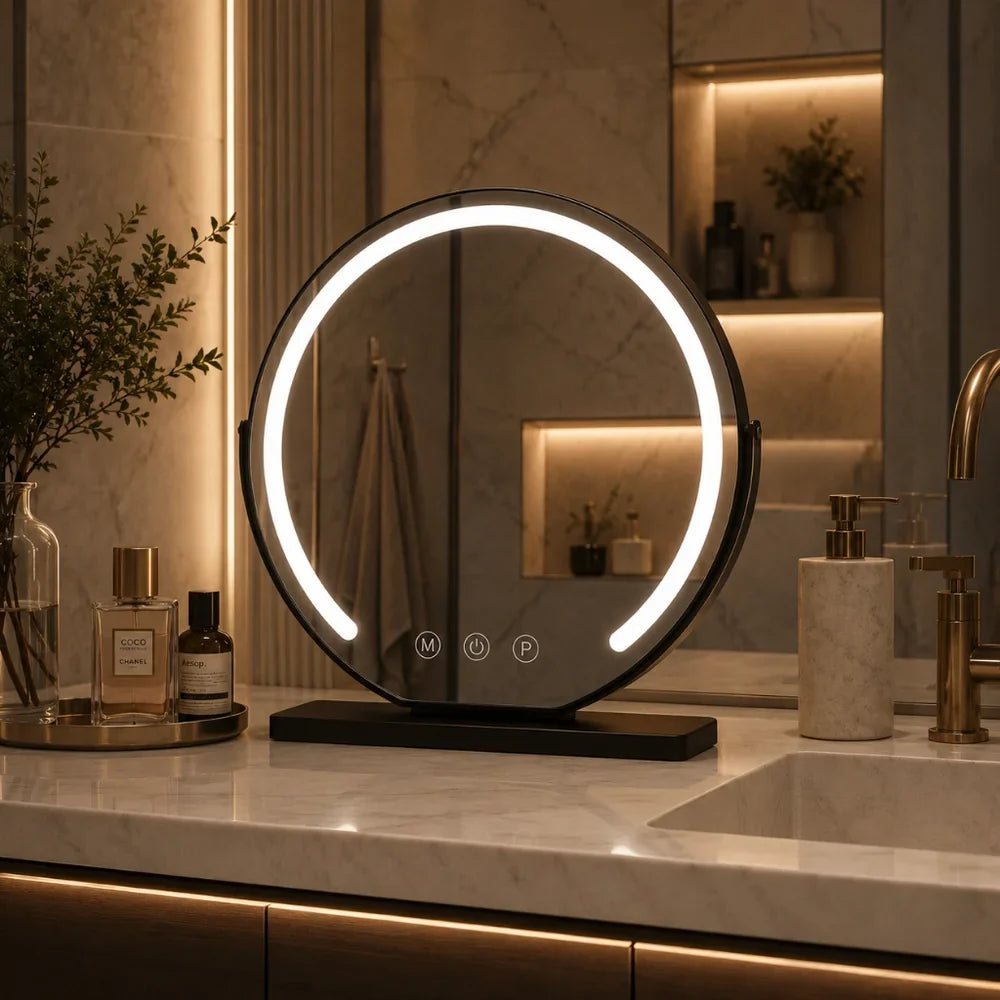 Make-up Spiegel met 15x Vergroting LED Verlichting 360° Draaibaar Touchbediening Dimbaar Bureau Kaptafel | Sansoti