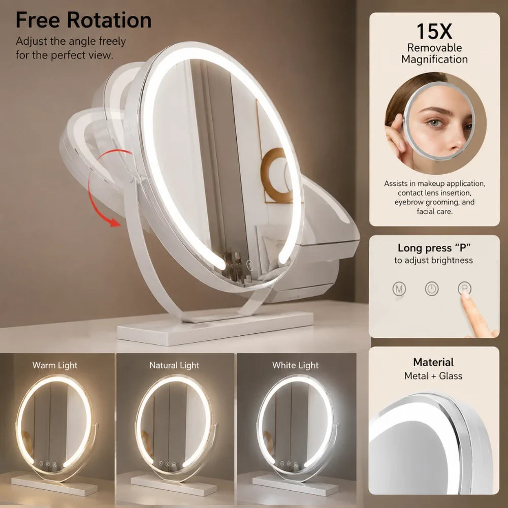 Make-up Spiegel met 15x Vergroting LED Verlichting 360° Draaibaar Touchbediening Dimbaar Bureau Kaptafel | Sansoti