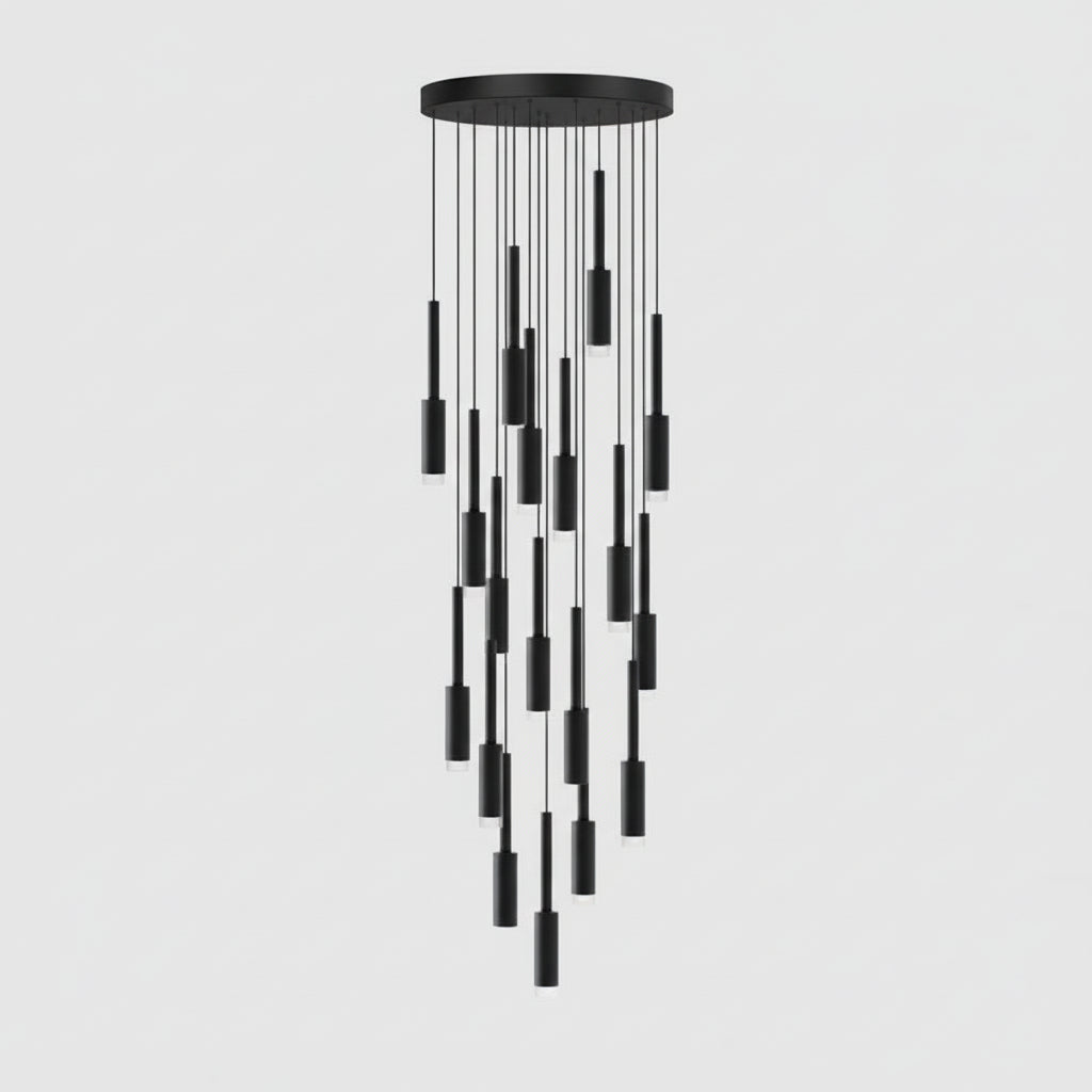 Cylindryczna lampa spotowa - żyrandol z metalu, ściemnialna, LED, do klatki schodowej i holu, regulowana, nowoczesny design, 1-30 punktów świetlnych | Sansoti