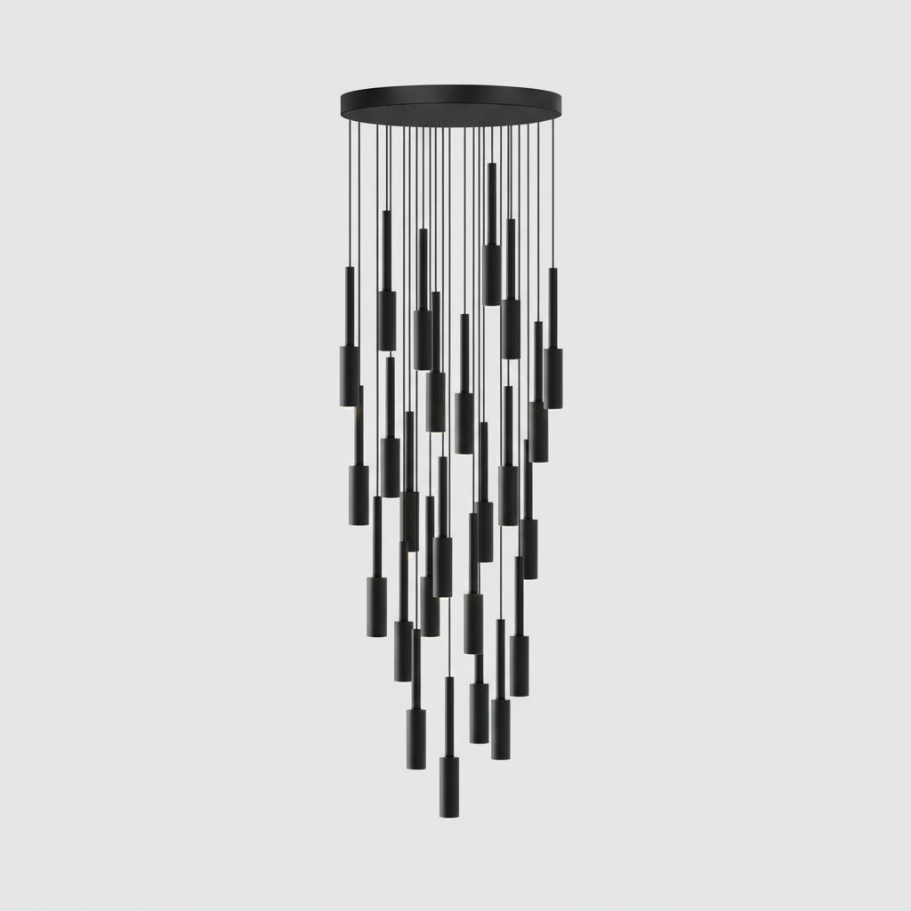 Cylindryczna lampa spotowa - żyrandol z metalu, ściemnialna, LED, do klatki schodowej i holu, regulowana, nowoczesny design, 1-30 punktów świetlnych | Sansoti