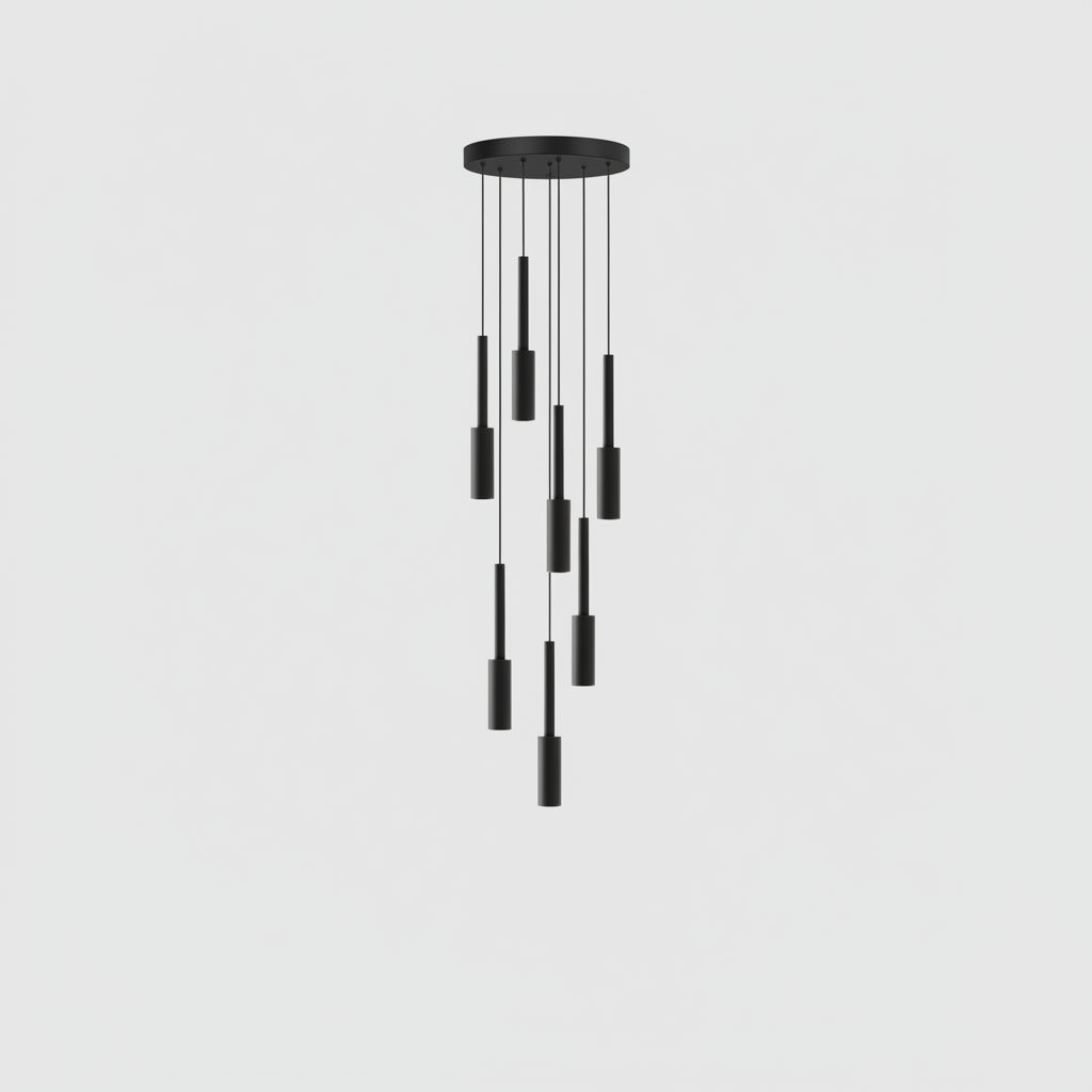 Cylindryczna lampa spotowa - żyrandol z metalu, ściemnialna, LED, do klatki schodowej i holu, regulowana, nowoczesny design, 1-30 punktów świetlnych | Sansoti