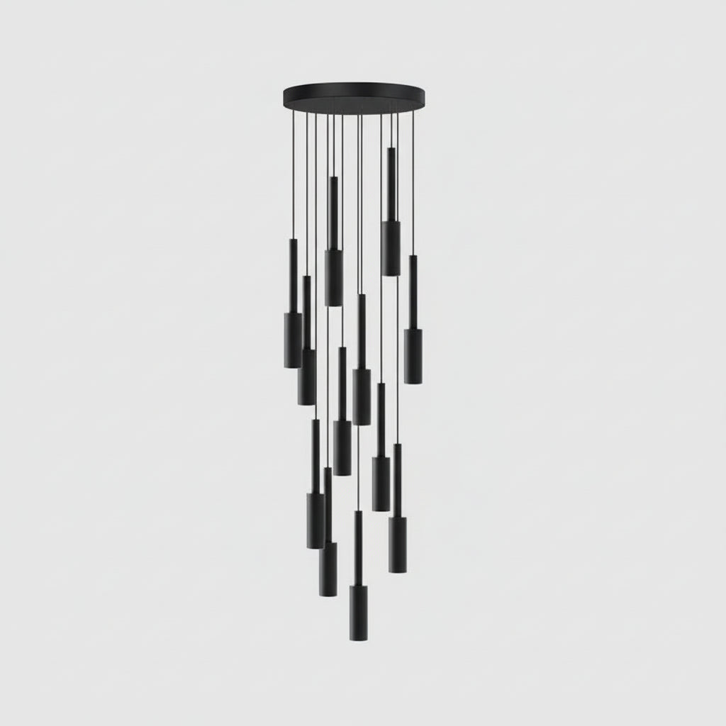 Cylindryczna lampa spotowa - żyrandol z metalu, ściemnialna, LED, do klatki schodowej i holu, regulowana, nowoczesny design, 1-30 punktów świetlnych | Sansoti