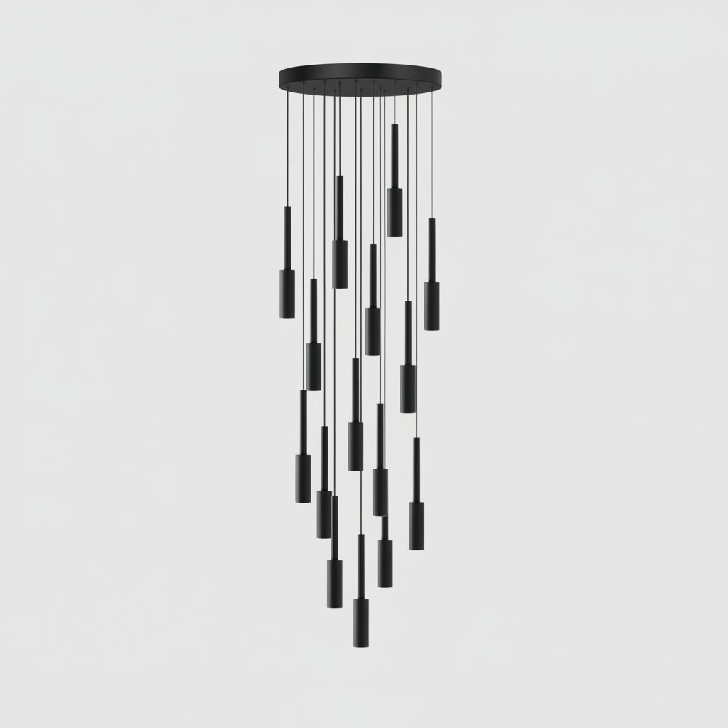 Cylindryczna lampa spotowa - żyrandol z metalu, ściemnialna, LED, do klatki schodowej i holu, regulowana, nowoczesny design, 1-30 punktów świetlnych | Sansoti