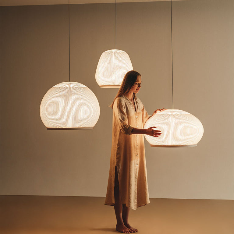 Japandi Hanglamp 3D Lycra 45 cm Beige Eettafel Woonkamer Dimbare LED Hanglamp Scandinavische Verlichting Interieur | Sansoti