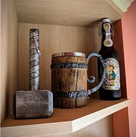Isolier-Trinkbecher mit nordischen Motiven, doppelwandig, 650ml, Polyresin, Edelstahl, mittelalterlicher Stil | Sansoti