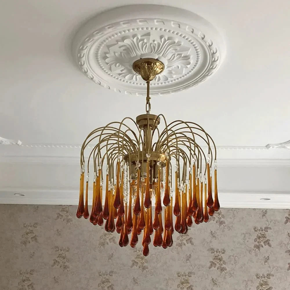 Hanglamp Amberglas E27 Goud Ø60cm Druppels Kristal Woonkamer Eetkamer Hal Kroonluchter Murano Stijl Art Deco | Sansoti