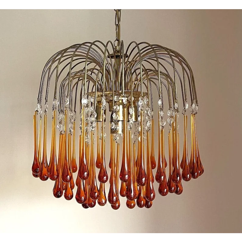Hanglamp Amberglas E27 Goud Ø60cm Druppels Kristal Woonkamer Eetkamer Hal Kroonluchter Murano Stijl Art Deco | Sansoti