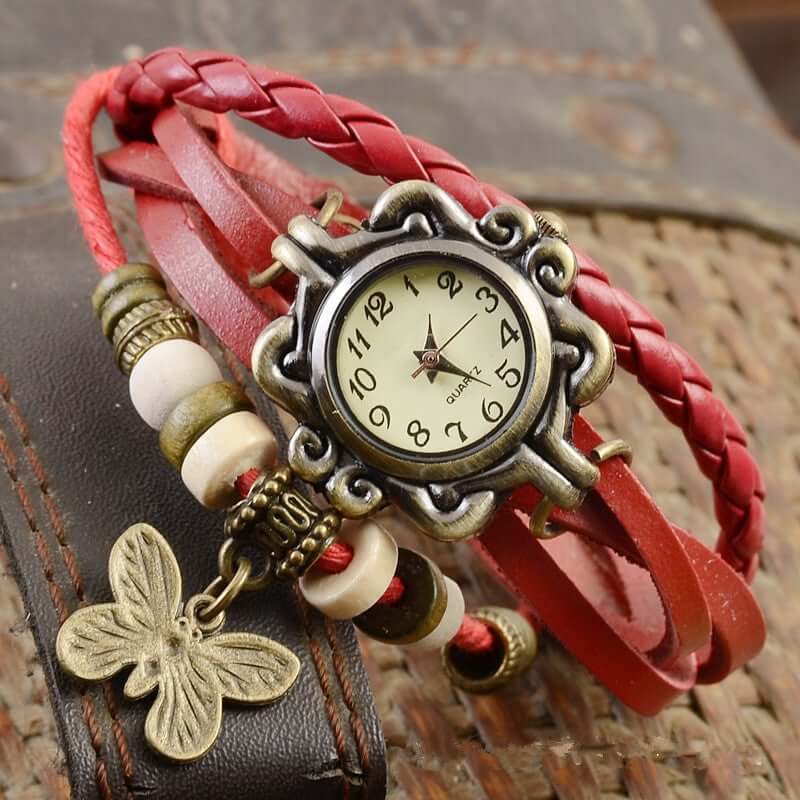 Gevlochten Leren Armbandhorloge met Bladbedel Vintage Bohemian Stijl Wikkelband Dames Kwartsuurwerk Polshorloge | Sansoti
