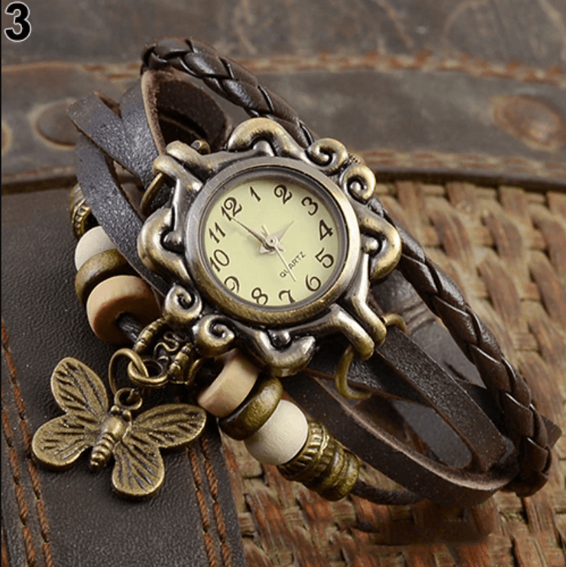Gevlochten Leren Armbandhorloge met Bladbedel Vintage Bohemian Stijl Wikkelband Dames Kwartsuurwerk Polshorloge | Sansoti