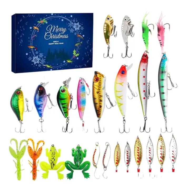 Adventskalender für Angler mit 24 Überraschungen, Angelruten-Zubehör, Kunstködern, Haken und Angelzubehör, Weihnachtsgeschenk | Sansoti