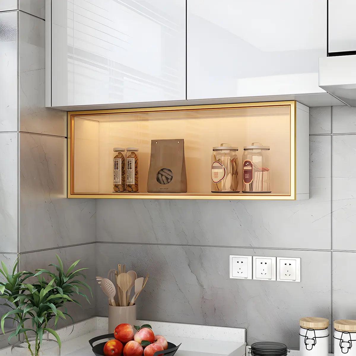 Wandkast Glas Deur Hout Wit Grijs 5 Maten LED Keuken Woonkamer Vitrinekast | Sansoti
