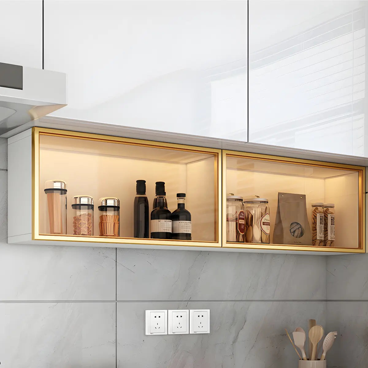 Wandkast Glas Deur Hout Wit Grijs 5 Maten LED Keuken Woonkamer Vitrinekast | Sansoti
