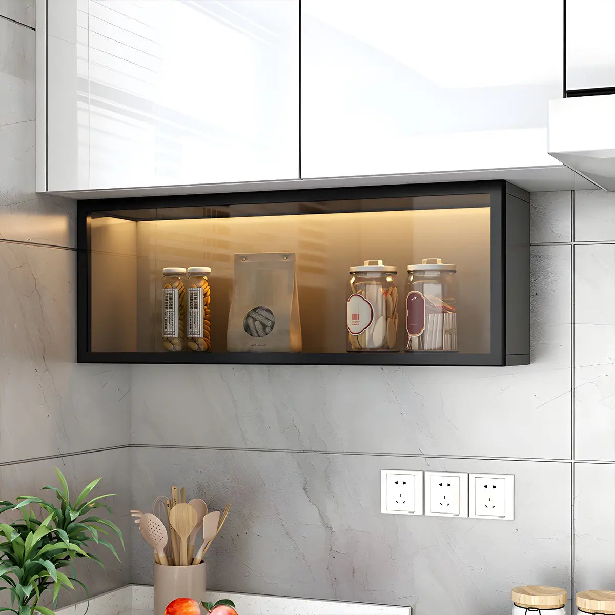 Wandkast Glas Deur Hout Wit Grijs 5 Maten LED Keuken Woonkamer Vitrinekast | Sansoti