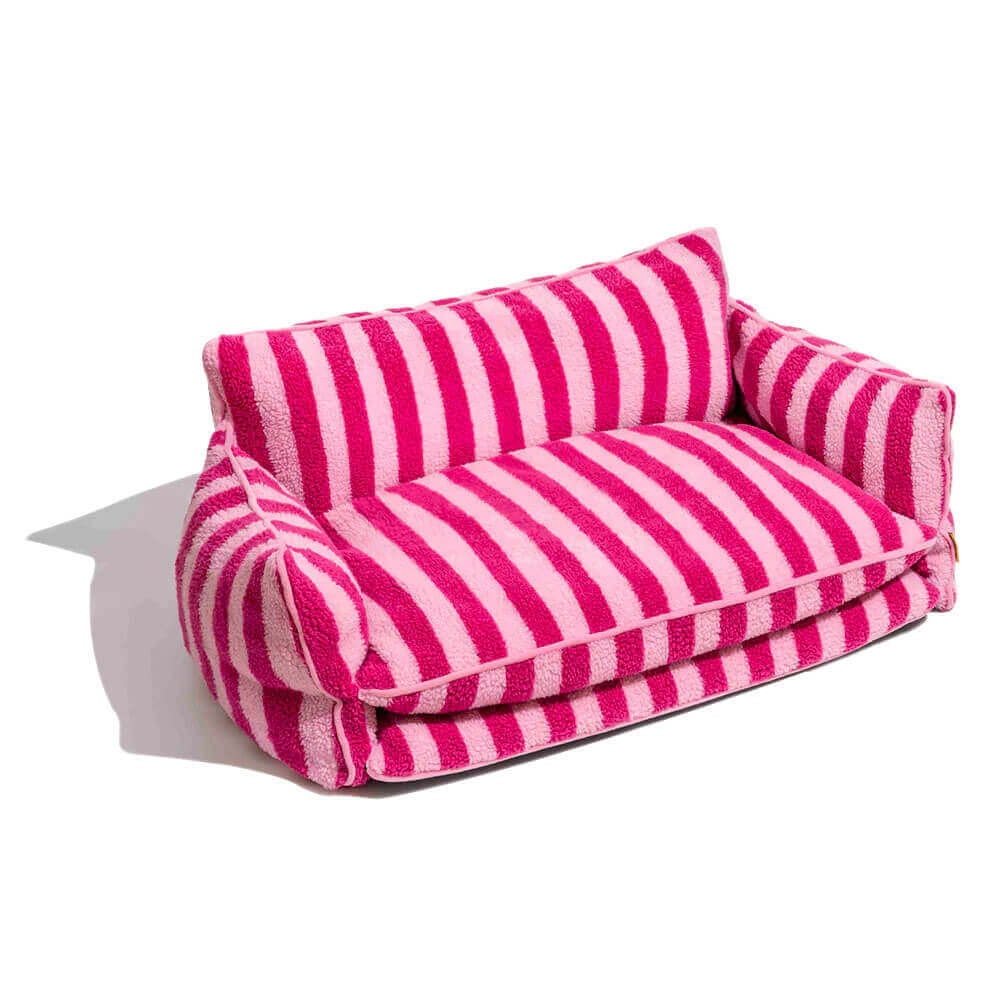 Gestreepte Pluche Hondenbed Tweelaags Kunstlam Warm Afneembaar Beige Roze Zwart M L XL 2XL Huisdier Comfort | Sansoti