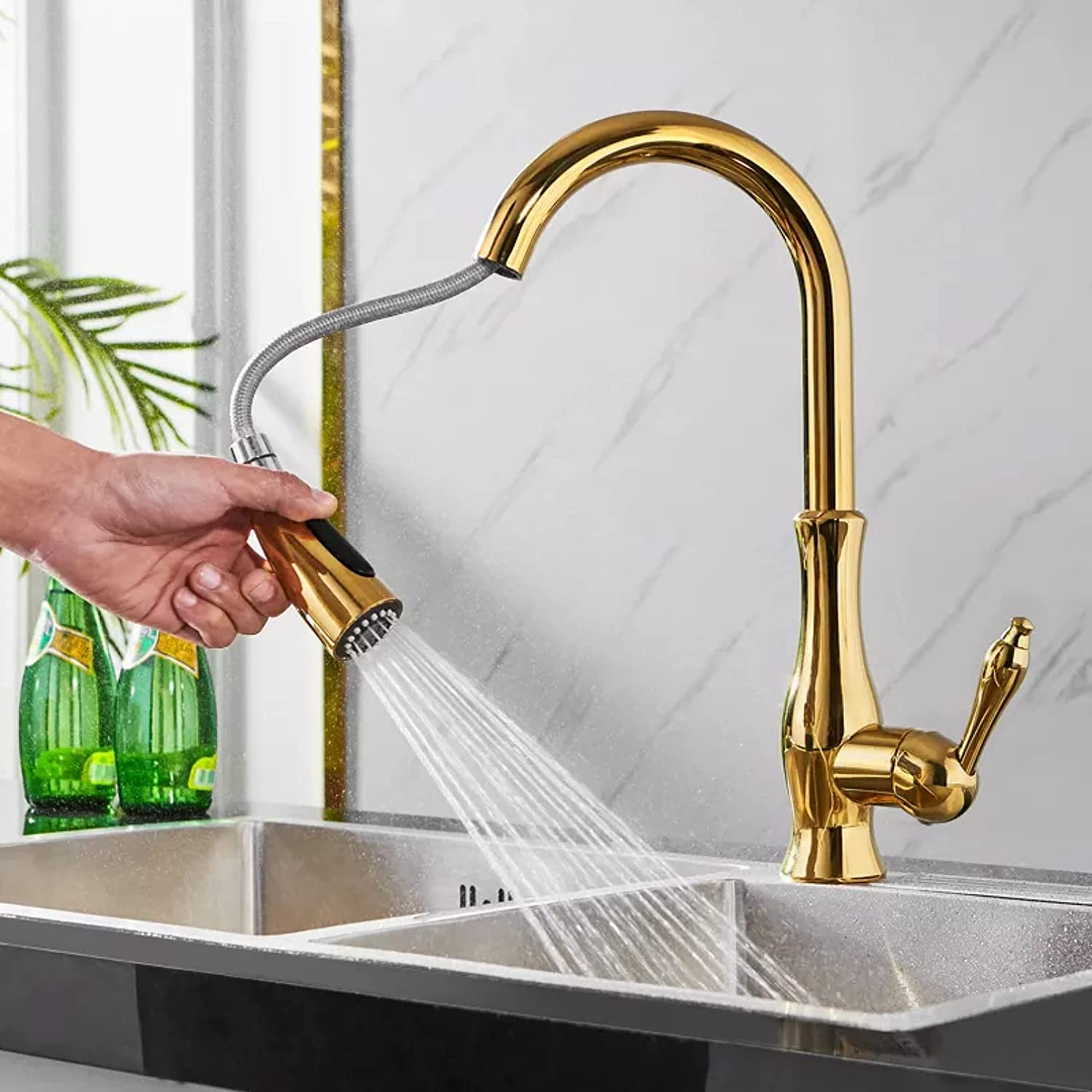 Keukenkraan Zwart Mat Chroom Goud Uittrekbare Spraykop 360° Draaibaar Mengkraan Wastafel Keuken Spoelbak | Sansoti