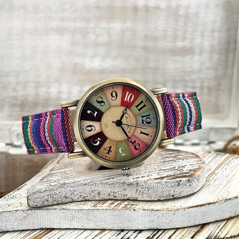 Polshorloge met Gevlochten Band Regenboogpatroon Vintage Brons Verstelbaar Dameshorloge 3.5cm Kwarts | Sansoti