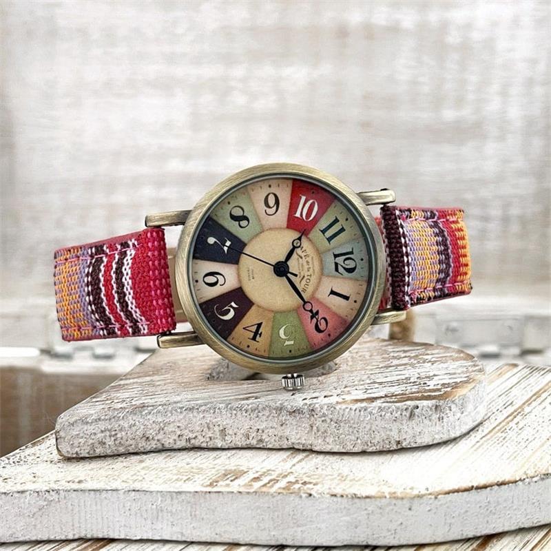 Polshorloge met Gevlochten Band Regenboogpatroon Vintage Brons Verstelbaar Dameshorloge 3.5cm Kwarts | Sansoti