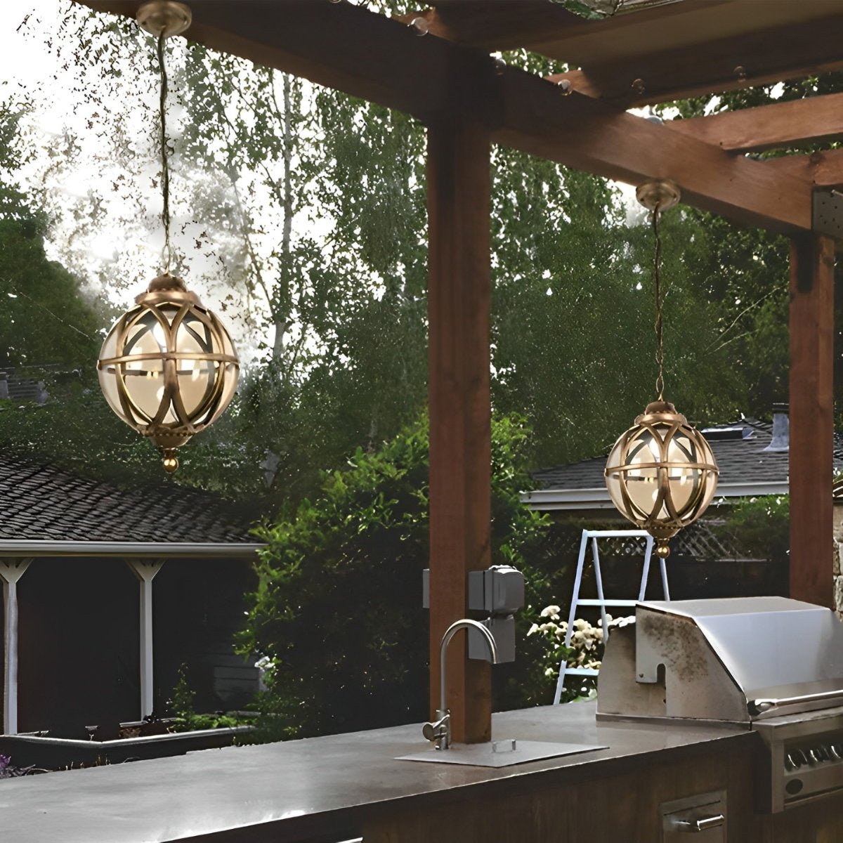 Außenhängelampe Kugel Aluminium Schwarz E27 Garten Retro Runde Außenlampe Kette Verstellbar Veranda Balkon Außenbeleuchtung Laterne | Restfield