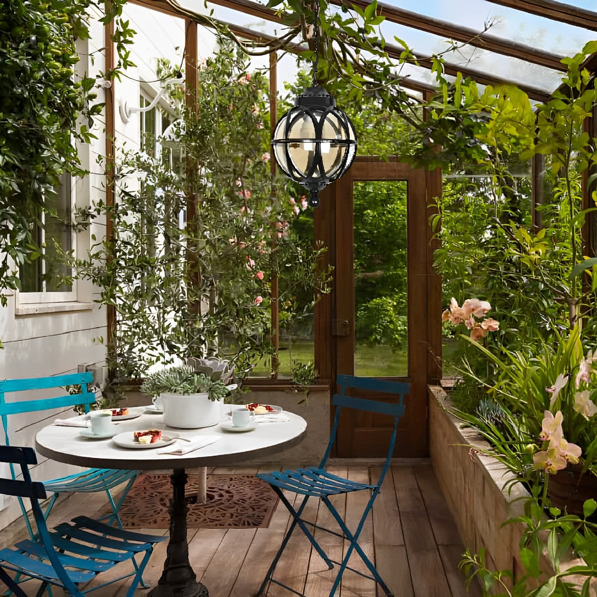 Außenhängelampe Kugel Aluminium Schwarz E27 Garten Retro Runde Außenlampe Kette Verstellbar Veranda Balkon Außenbeleuchtung Laterne | Restfield