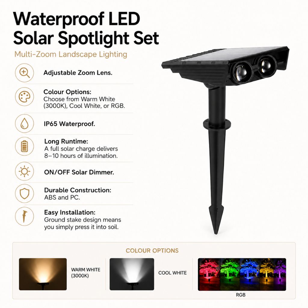 Zonne-energie Tuinspot LED Set met Verstelbare Lens IP65 Waterdicht Buitenverlichting voor Tuin Gazon Terras | Sansoti