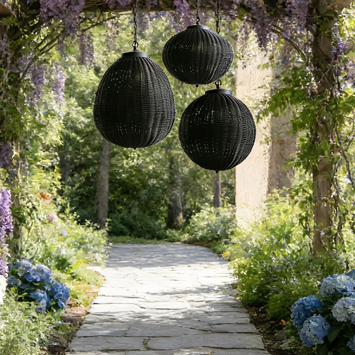 Hanglamp Buiten Rotan Zwart E27 Tuin Retro Ronde Buitenlamp Verstelbaar Snoer Patio Veranda Buitenverlichting Landelijk | Sansoti