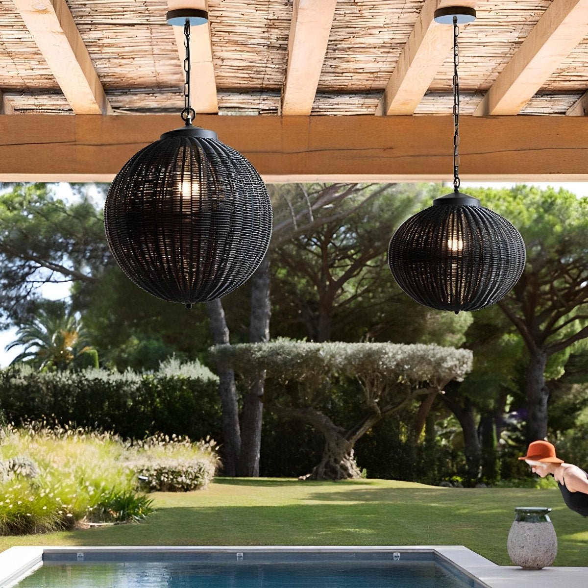 Hanglamp Buiten Rotan Zwart E27 Tuin Retro Ronde Buitenlamp Verstelbaar Snoer Patio Veranda Buitenverlichting Landelijk | Sansoti