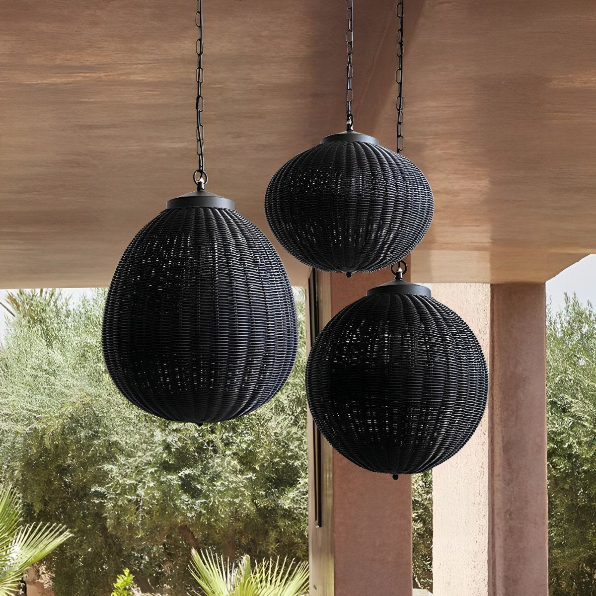 Hanglamp Buiten Rotan Zwart E27 Tuin Retro Ronde Buitenlamp Verstelbaar Snoer Patio Veranda Buitenverlichting Landelijk | Sansoti