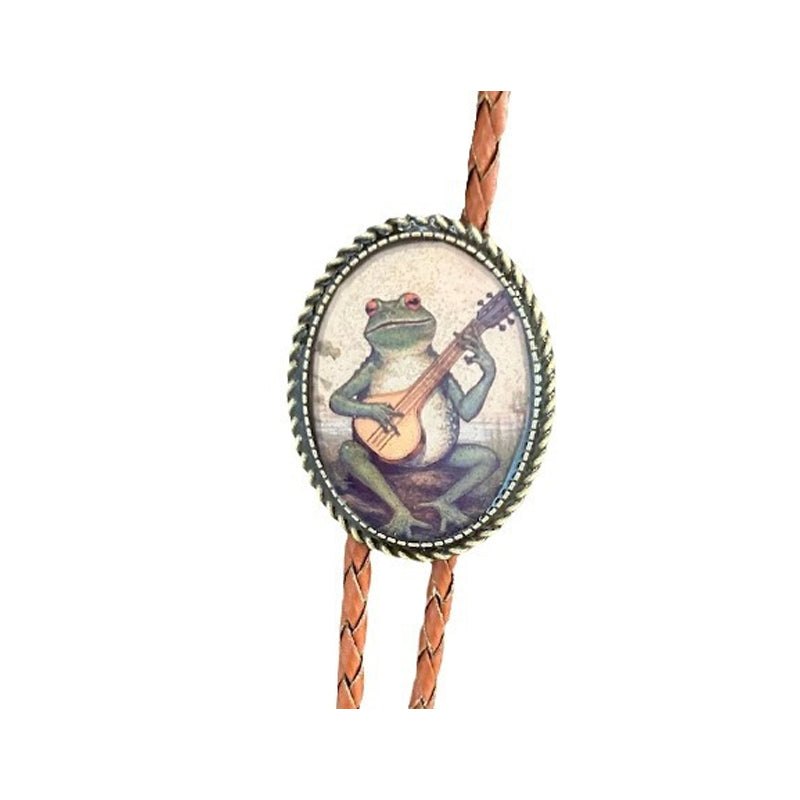 Western Bolo Tie met Kikker en Banjo Motief – Verstelbaar Leren Stropdas voor Authentieke Cowboystijl | Sansoti