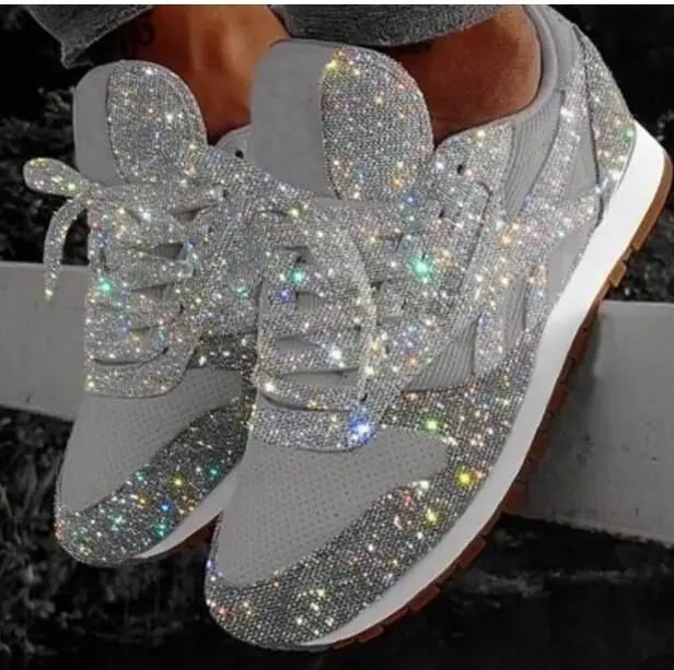 Glitter Sneakers Dames met Veters Casual Sportschoenen Glanzende Afwerking Comfortabel voor Dagelijks Gebruik | Sansoti
