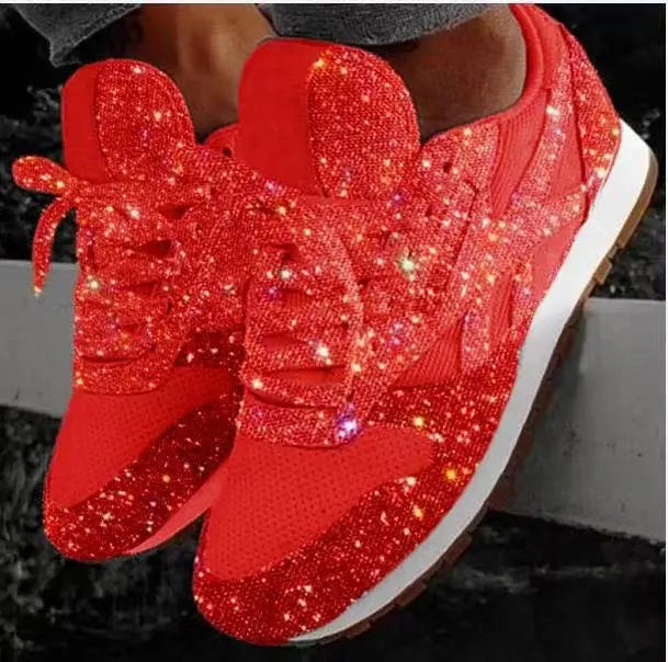 Glitter Sneakers Dames met Veters Casual Sportschoenen Glanzende Afwerking Comfortabel voor Dagelijks Gebruik | Sansoti