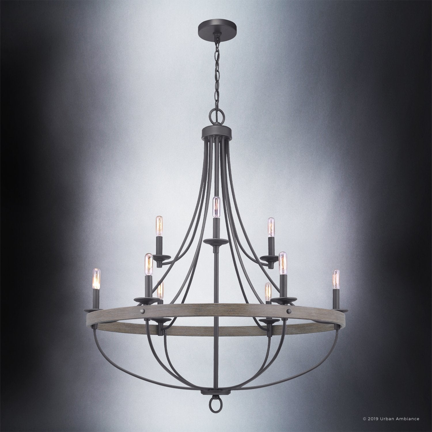 Kroonluchter Industrieel Rond Houtlook Staal Charcoal 90cm 9 Lichts | Sansoti