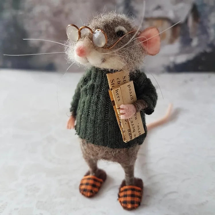 Handmade Felt Mouse Decorative Figurine - Wool & Leather - 7,6 cm - Cute Ornament for Seasonal Décor | Sansoti
