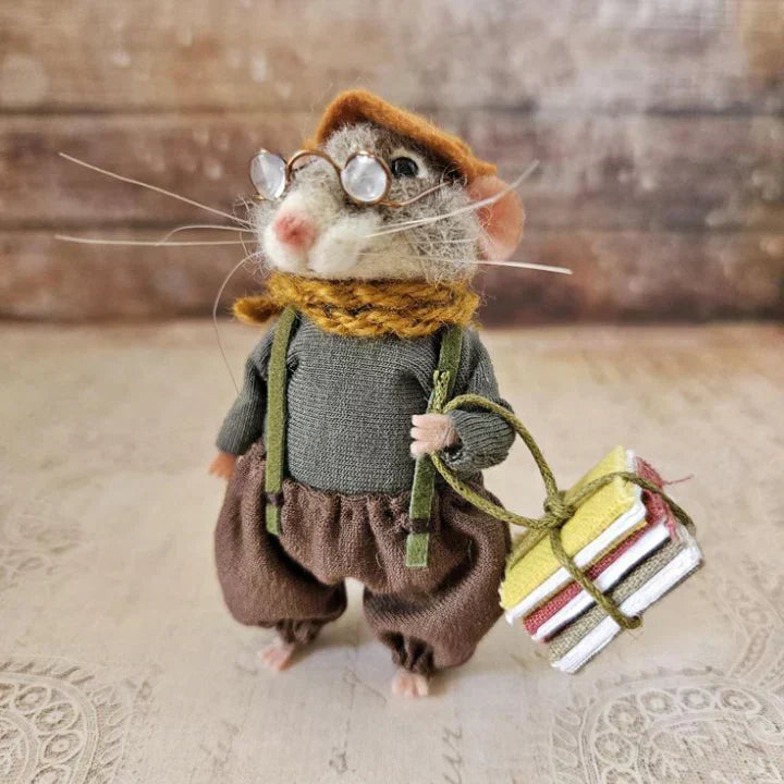 Handmade Felt Mouse Decorative Figurine - Wool & Leather - 7,6 cm - Cute Ornament for Seasonal Décor | Sansoti