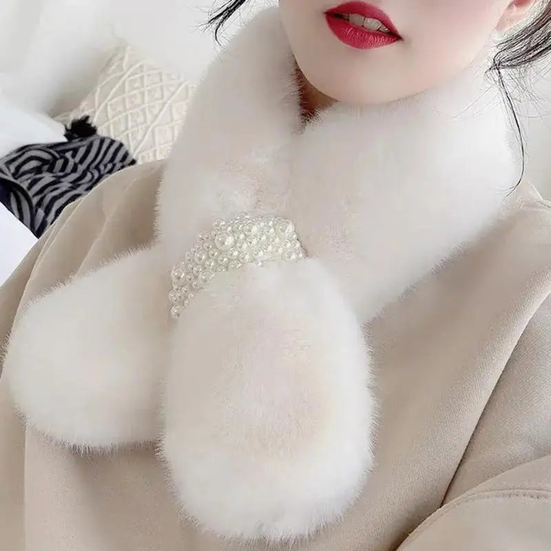 Winter Scarf Faux Fur Pearl Detail Women's Cross-Style Warm Neck Scarf Elegant Winter Fashion Accessory | Sansoti