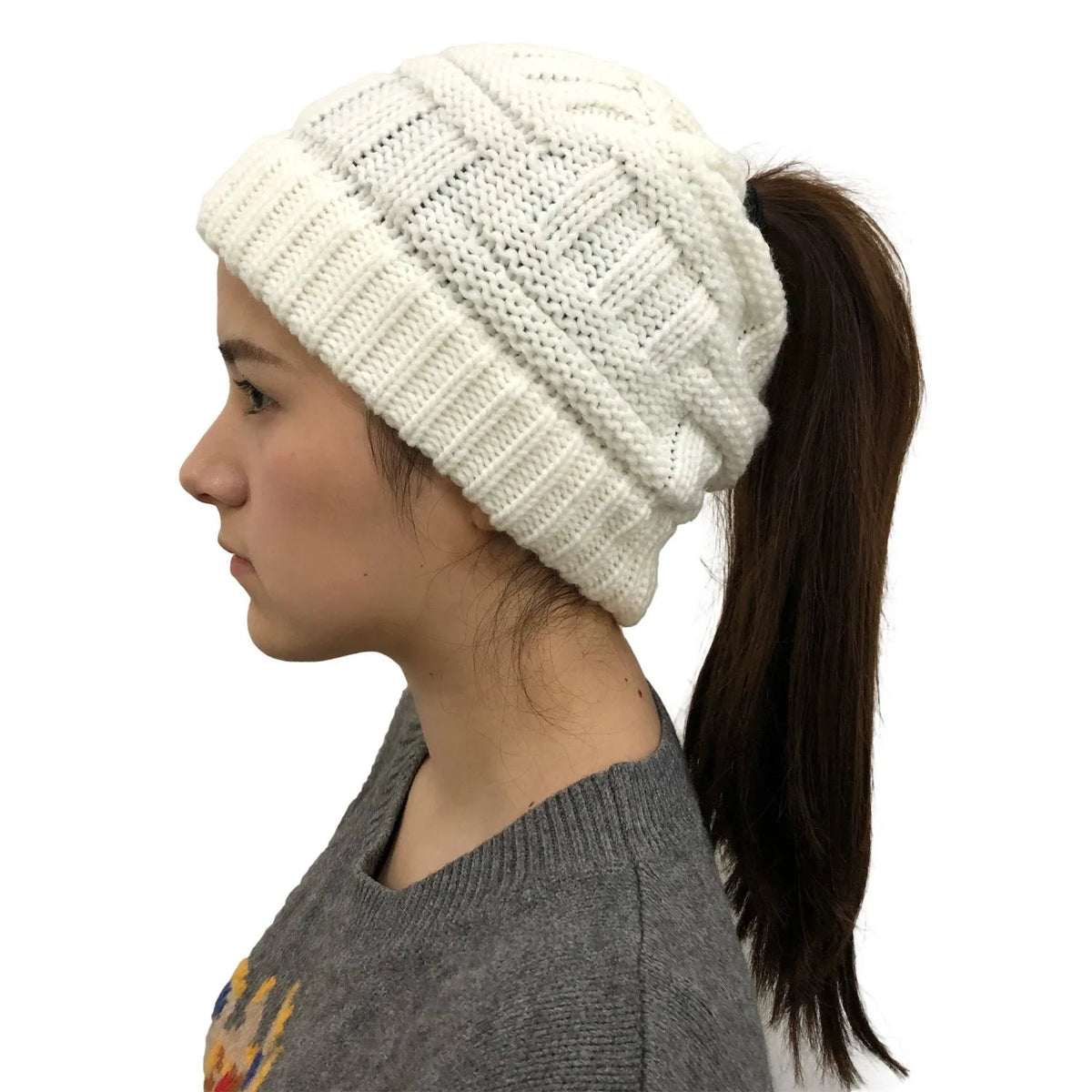 Bonnet d’hiver tricoté avec ouverture pour queue de cheval pour femmes, bonnet chaud, bonnet de ski, accessoire d’hiver pour l’extérieur | Sansoti