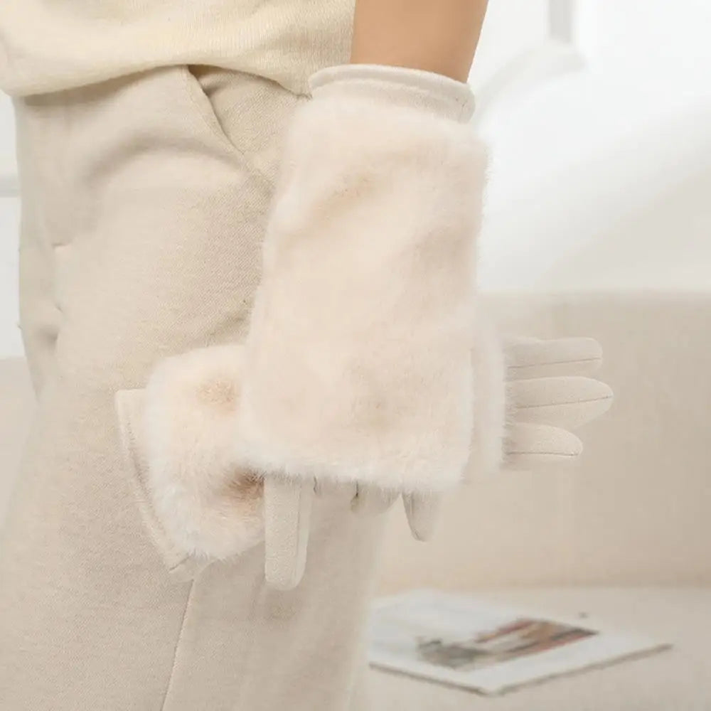 Suede Winter Gloves with Rabbit Fur Touchscreen Fingers Warm Unisex Elegant Gloves for Women and Men | Sansoti