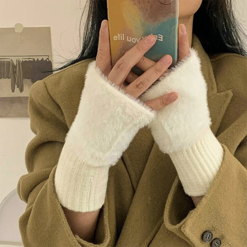 Fingerless gloves plush women's winter warm typing phone touchscreen one size comfortable soft | Sansoti