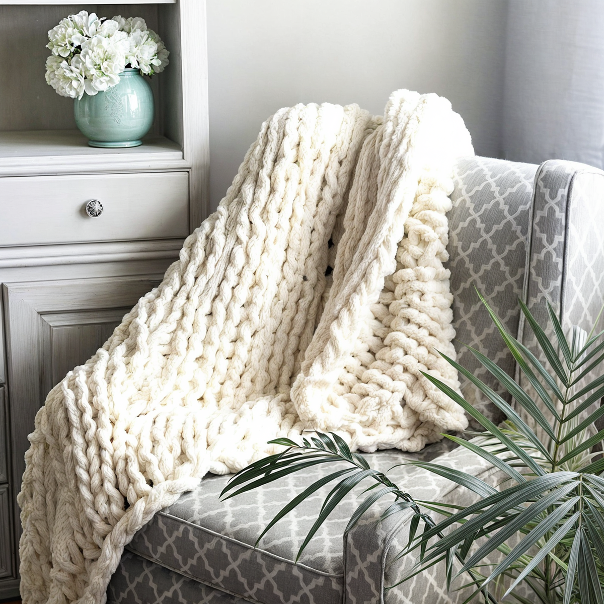 Hand-Knitted Throw with Chunky Texture for Sofa and Bed Scandinavian Design 100x150 cm Beige Gray Pink | Sansoti