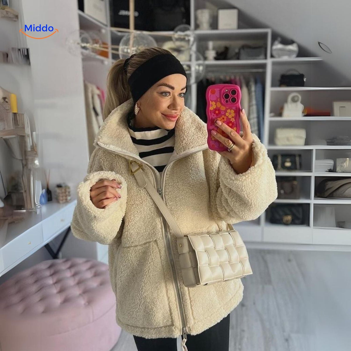 Manteau d’hiver teddy pour femme à col montant - Veste imitation laine d’agneau douce - Beige marron kaki - Modèle chaud pour l’hiver | Sansoti
