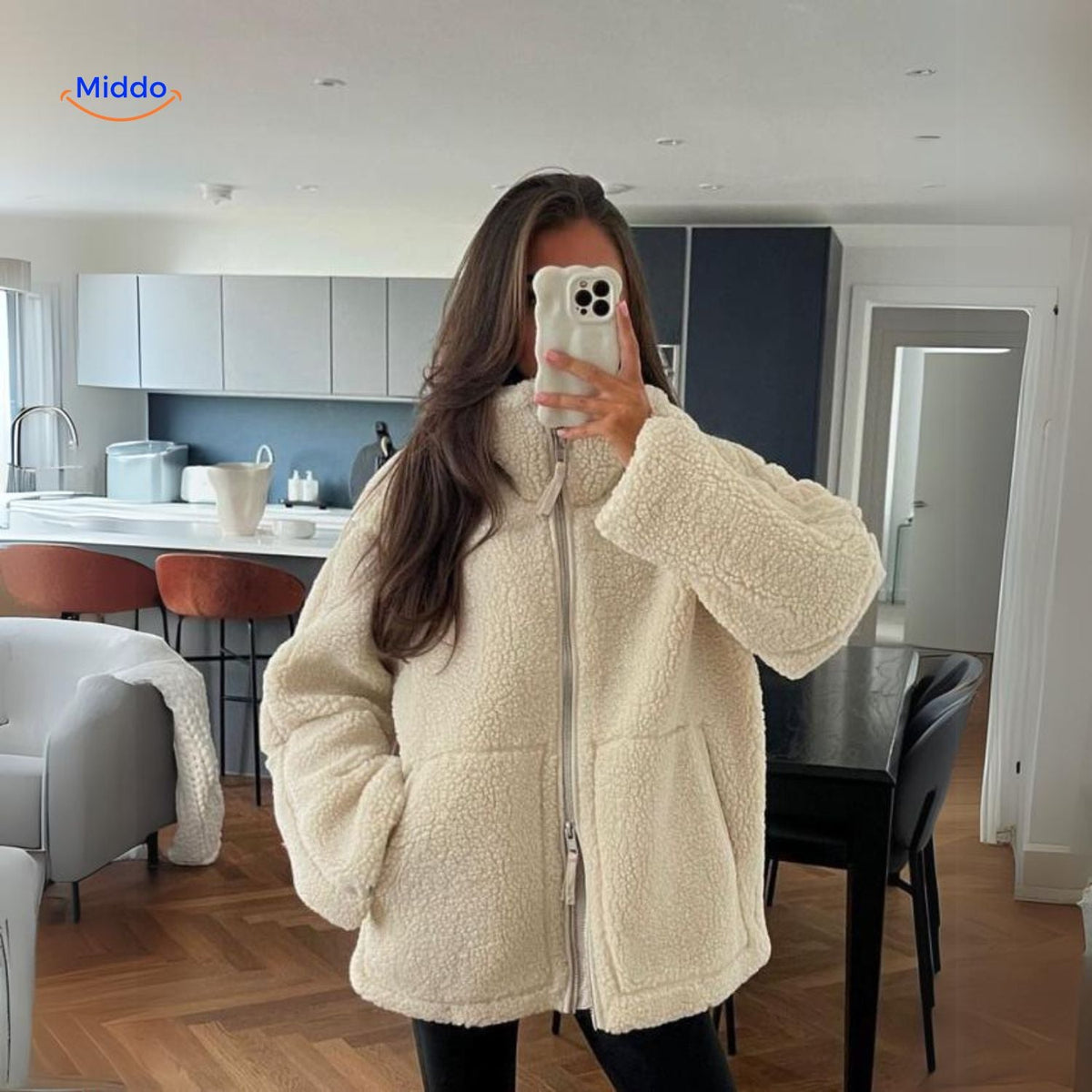 Manteau d’hiver teddy pour femme à col montant - Veste imitation laine d’agneau douce - Beige marron kaki - Modèle chaud pour l’hiver | Sansoti