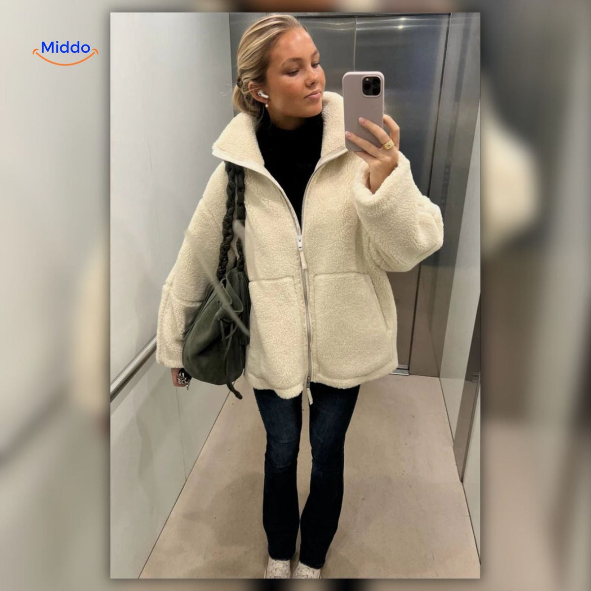 Manteau d’hiver teddy pour femme à col montant - Veste imitation laine d’agneau douce - Beige marron kaki - Modèle chaud pour l’hiver | Sansoti