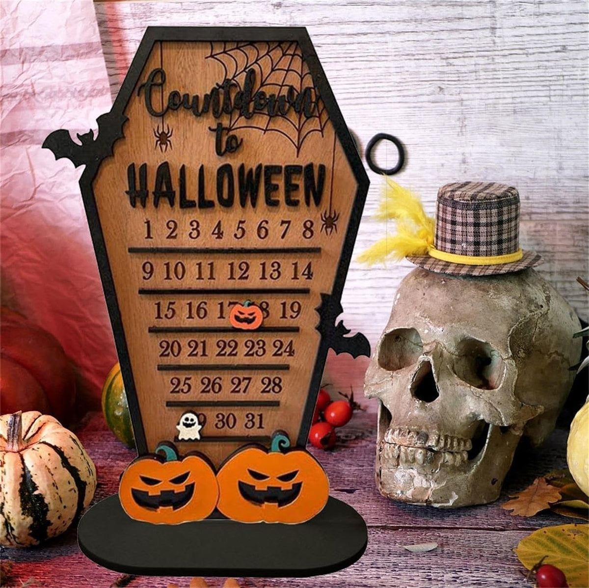 Wooden Halloween Countdown Calendar Decorative Table Ornament Spooky Season Decoration 29x20cm Autumn Theme | Sansoti