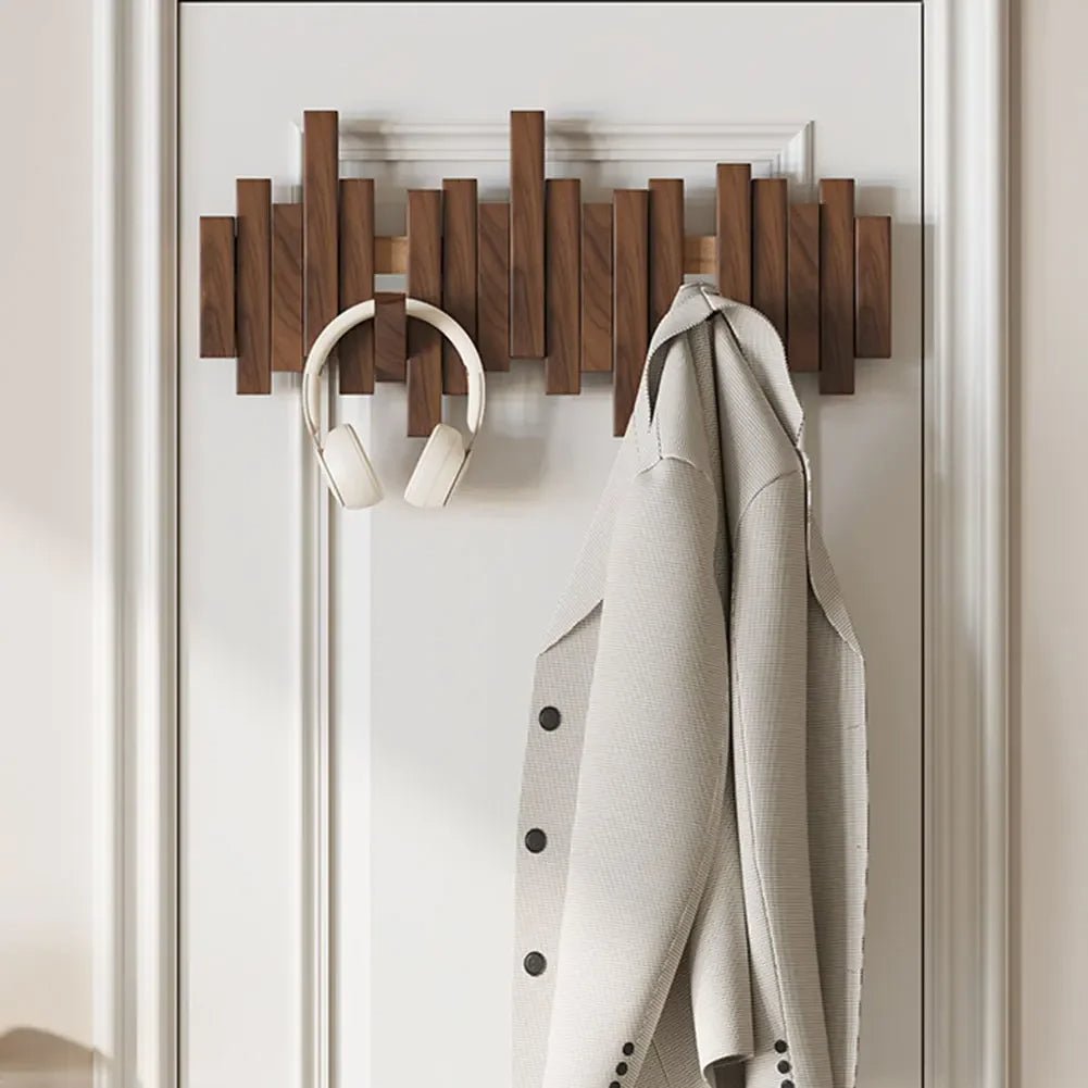Wandkapstok met Magnetische Opvouwhaken - Scandinavisch Design - 4 tot 10 Haken - Modern Essenhout of Walnoot - Ruimtebesparend Hallway Organizer - Sleutellochophanging | Sansoti