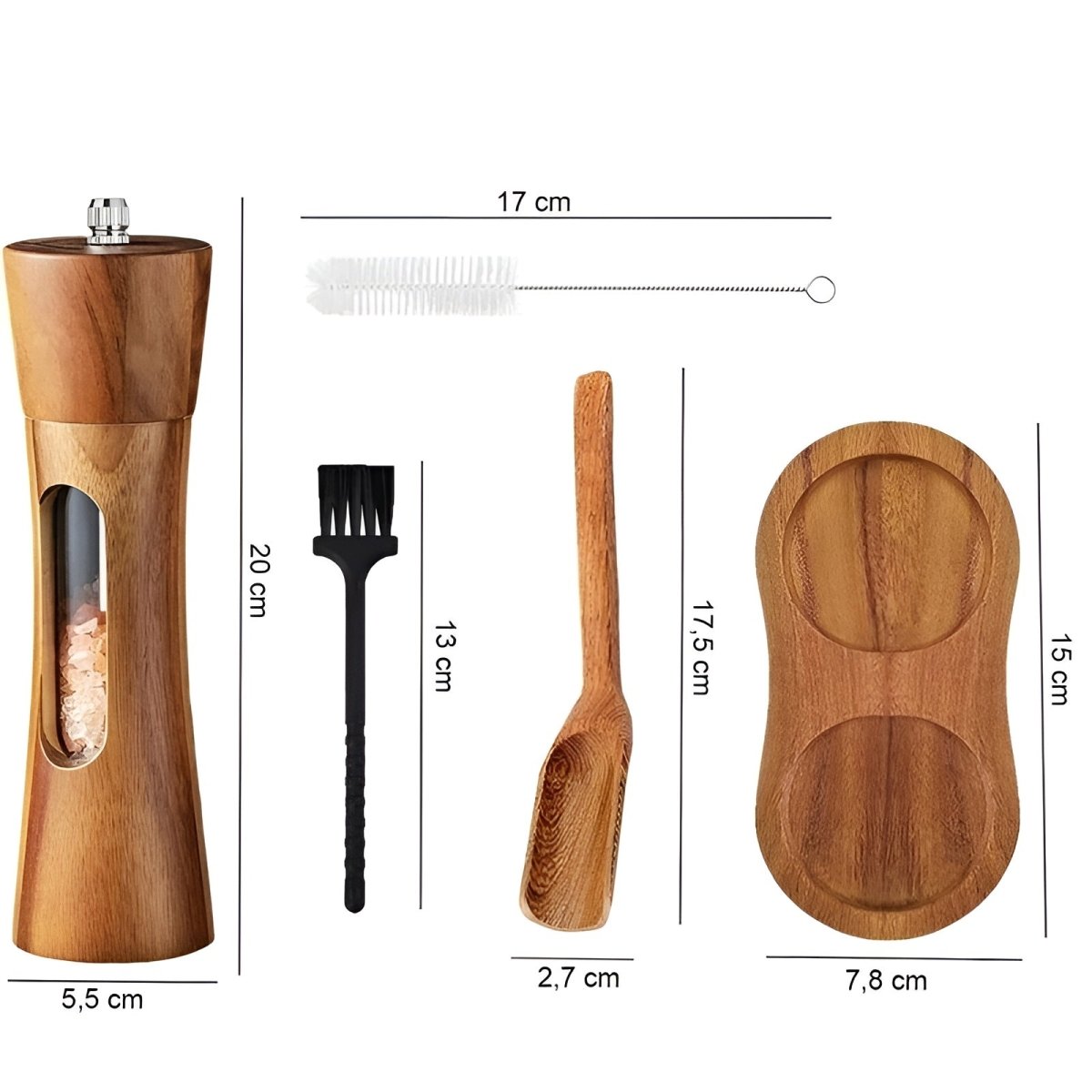 Holz-Gewürzmühlen-Set mit verstellbarem Mahlwerk, Salz und Pfeffer, Acrylfenster, 19 cm, Küchentisch-Küchenaccessoire | Sansoti