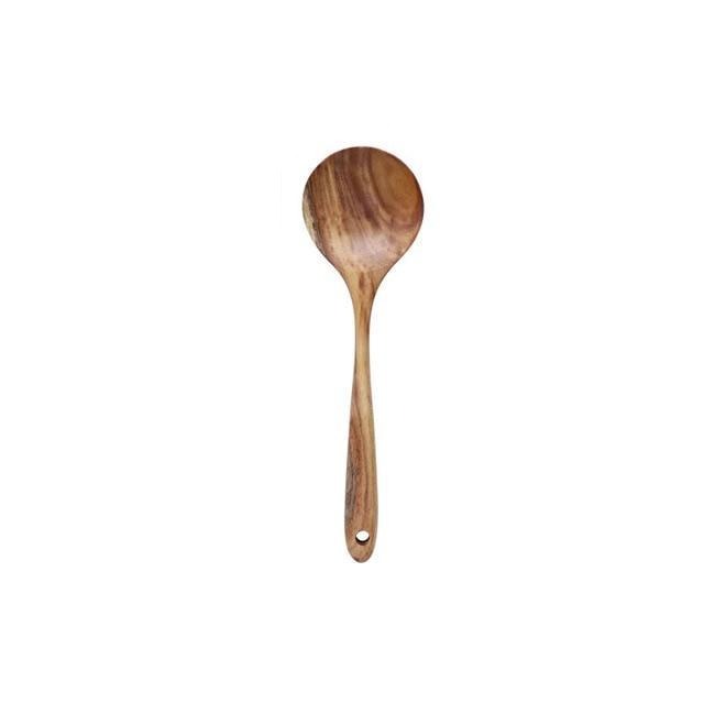 7-teiliges Küchenutensilien-Set aus Teakholz, Löffel, Pfannenwender, Suppenkelle und Öllöffel, langlebiges Naturmaterial | Sansoti