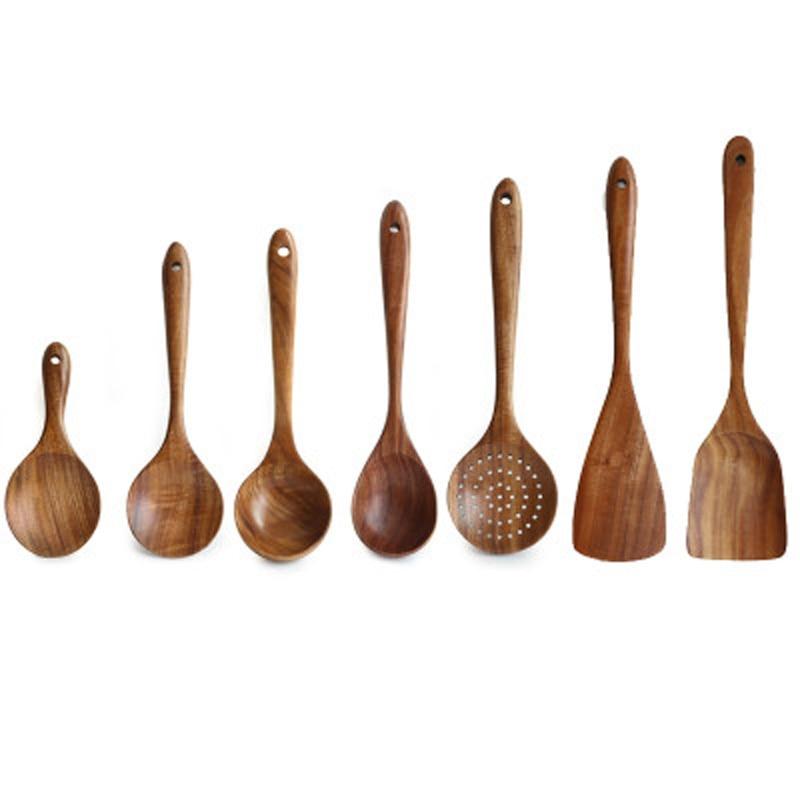 7-teiliges Küchenutensilien-Set aus Teakholz, Löffel, Pfannenwender, Suppenkelle und Öllöffel, langlebiges Naturmaterial | Sansoti
