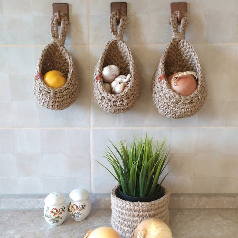 Gevlochten Hangmandjes van Henneptouw – Wandopberging Groenten & Fruit – Handgemaakt Boho Design | Sansoti